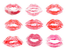 Different Lipstick Prints Of Women Lips On White Background