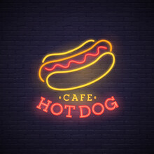 Hot Dog Neon Sign. Neon Sign, Bright Signboard, Light Banner