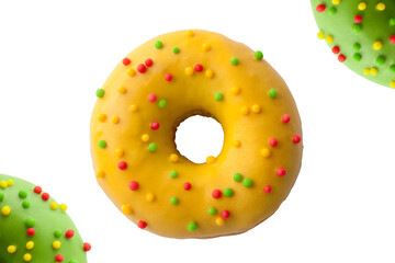 Wall Mural - Yellow and green Donuts with polka dots isolated on a white background. National Doughnut Day. Dessert food. Fried dough confectionery. Snacks.