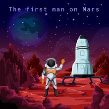 First Man In Spacesuit Exploring Red Planet Mars