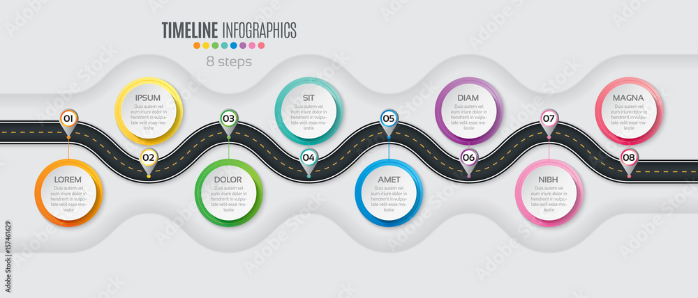 Navigation map infographic 8 steps timeline concept. Winding roa - obrazy, fototapety, plakaty 