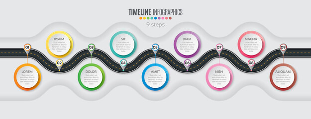 Navigation map infographic 9 steps timeline concept. Winding roa