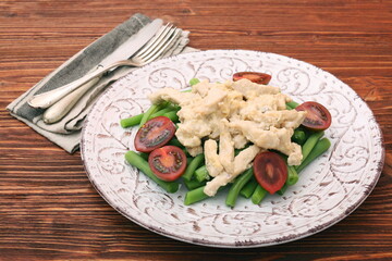 Wall Mural - Tasty green beans with chicken meat and creamy sauce