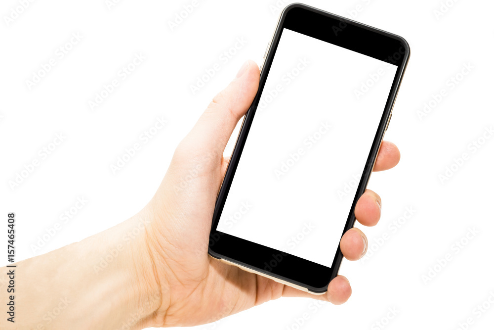 Telefon w ręce  ekran biały pusty wyświetlacz do wrzucenia zawartości izolowane białe tło - obrazy, fototapety, plakaty 
