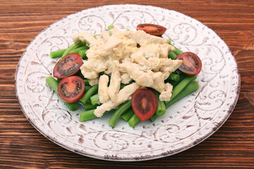 Wall Mural - Tasty green beans with chicken meat and creamy sauce