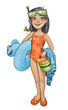 young girl watercolor illustration, child ready for pool on summer break from school or family vacation trip at beach wearing swimming goggles, swimsuit and flip flops and holding towel and beach toys