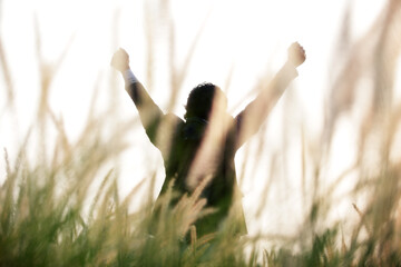 Wall Mural - success businessman in reeds grass field background isolated on white.