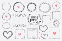 Set Of Hand Drawn Herbal Round Frames. Hand Drawn Floral Round Frames And Hearts.