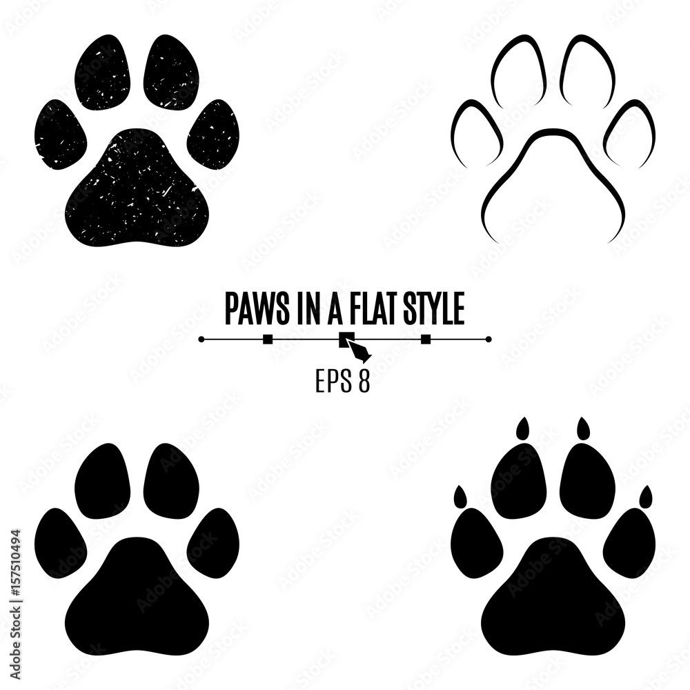 A set of dog's paws. Black traces in different styles. Isolated on white background. Silhouettes of paws - obrazy, fototapety, plakaty 