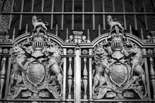 Close-up Of The Royal Coat Of Arms Of The United Kingdom On A Closed Gated Entrance To An Official Building In Whitehall, In London, England