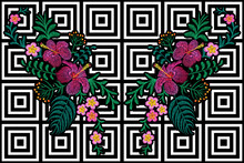 Flower Reflection Embroidery On Black White Seamless Stripe Background. Fashion Print Decoration Plumeria Hibiscus Palm Leaves. Tropical Exotic Blooming Bouquet Vector Illustration