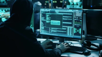 Aufkleber - Team of Internationally Wanted Hackers Teem Organize Advanced Virus Attack on Corporate Servers. Place is Dark and Has Multiple displays. Shot on RED EPIC-W 8K Helium Cinema Camera.
