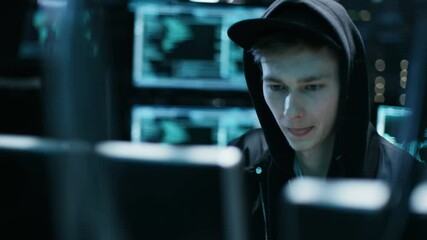 Aufkleber - Hooded Teenage Hacker Successfully Attacks Global Infrastructure Servers with Virus. Shot on RED EPIC-W 8K Helium Cinema Camera.