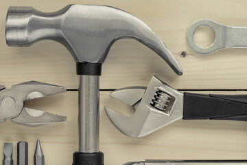 Work tools set on a wooden table. Flat lay.