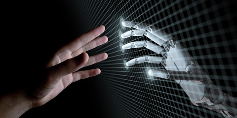 Hands of Robot and Human Touching. Artificial Intelligence Concept 3d Illustration