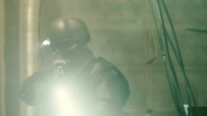 Aufkleber - Special Forces Fully Equipped Soldier Searches Internationally Wanted Hacker's Hideout and Finds Multiple Working Displays, Cables. Shot on RED EPIC-W 8K Helium Cinema Camera.