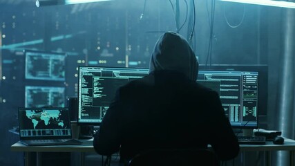 Aufkleber - Dangerous Hooded Hacker Breaks into Government Data Servers and Infects Their System with a  Virus. Shot on RED EPIC-W 8K Helium Cinema Camera.