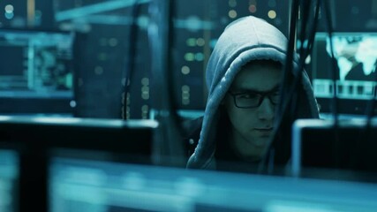 Aufkleber - Dangerous Hooded Hacker Breaks into Government Data Servers and Infects Their System with a  Virus. Shot on RED EPIC-W 8K Helium Cinema Camera.