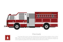 Red Fire Truck In A Flat Style On A White Background. Car Of Fire Department