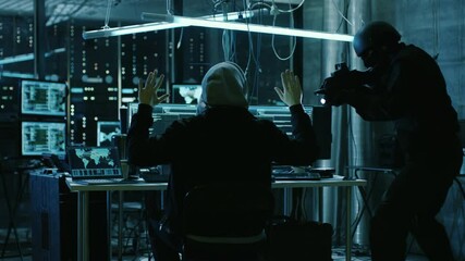 Aufkleber - Fully Armed Special Cybersecurity Forces Soldier Arrests Highly Dangerous Hacker. Hideout is Dark and Full of Computer Equipment. Shot on RED EPIC-W 8K Helium Cinema Camera.