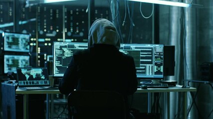 Aufkleber - Dangerous Hooded Hacker Breaks into Government Data Servers and Infects Their System with a  Virus. Shot on RED EPIC-W 8K Helium Cinema Camera.