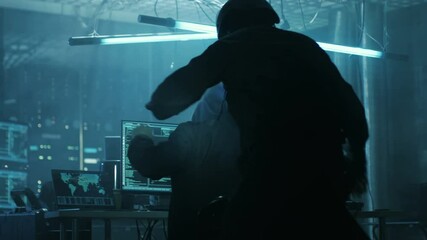 Aufkleber - Fully Armed Special Cybersecurity Forces Soldier Arrests  and Handcuffs Highly Dangerous Hacker. Hideout is Dark and Full of Computer Equipment. Shot on RED EPIC-W 8K Helium Cinema Camera.