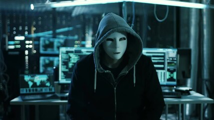 Aufkleber - Dangerous Internationally Wanted Hacker in a Mask Speaks into the Camera. In the Background His Dark Operating Room with Multiple Displays and Cables.Shot on RED EPIC-W 8K Helium Cinema Camera.