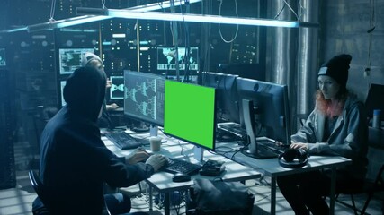 Aufkleber - Team of Internationally Wanted Teenage Hackers with Green Screen Mock-up Display Infect Servers and Infrastructure with Virus. Shot on RED EPIC-W 8K Helium Cinema Camera.
