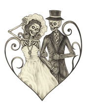 Art Wedding Skull Day Of The Dead. Hand Pencil Drawing On Paper.