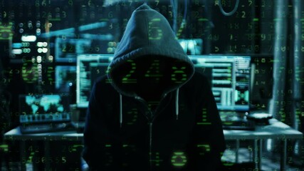 Aufkleber - Dangerous Internationally Wanted Hacker with Covered Face Speaks into the Camera with Raining Numbers Video Effect. In the Background His Operating Room with Multiple Displays and Cables.