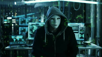 Aufkleber - Dangerous Internationally Wanted Hacker with Masked Face Speaks into the Camera with Raining Numbers Video Effect. Shot on RED EPIC-W 8K Helium Cinema Camera.