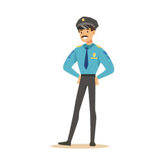 Sticker - Smiling police officer standing character vector Illustration