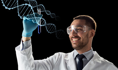 Poster - smiling scientist in safety glasses with test tube