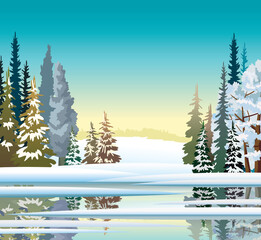 Sticker - Winter landscape. Early spring. Forest and lake.