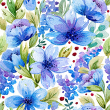 Seamless Pattern With Watercolor Leaves And Blue Flowers. Illustration Can Be Used For Gift Wrapping, Background Of Web Pages, As A Print For Any Printing Products.