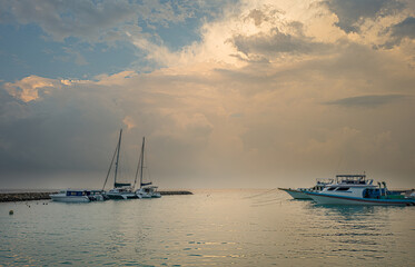 Amazing sunset sky and view on yacht marina