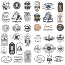 Big Set Of Vector Vintage Tailor Badges, Stickers, Emblems , Signage With Sewing Needles, Pins, Thimbles, Buttons, Coils Of Thread, Sewn On Tags