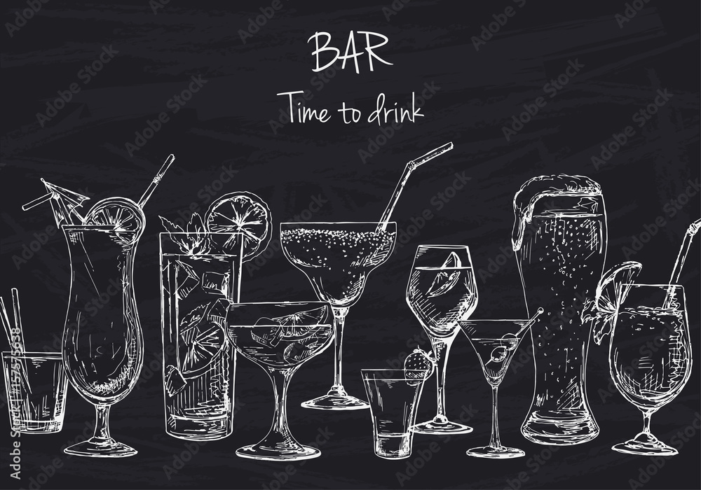 Background with different cocktails. Drawing chalk on a blackboard. Caption: bar, time to drink. Place on your text. Vector illustration of a sketch style. - obrazy, fototapety, plakaty 