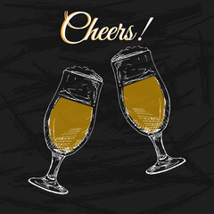 Two glasses with beer on a black background. Inscription Cheers. Vector illustration in sketch style.