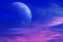 Romantic Decline And Mystical Moon .Sunset And New Moon .  Paradise Heaven . Dawn In Pink Clouds . Religious Background.
