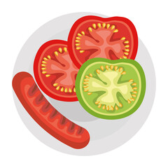 Wall Mural - dish with delicious sausages and tomato vector illustration design