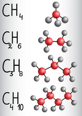 Poster - Chemical formula and molecule model methane CH4, ethane C2H4,  propane C3H8,  butane C4H10. Homologous series of alkanes