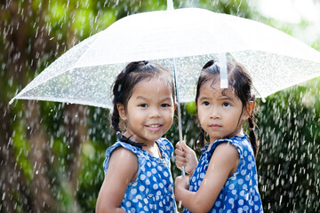 Wall Mural - Two happy asian little girls with umbrella having fun to play with the rain together