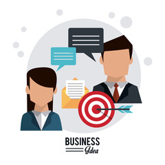 Poster - colorful poster of business idea with half body faceless of business couple with speech dialogue and target vector illustration