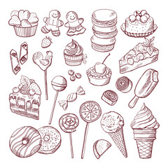 Wall Mural - vector doodle pictures of different desserts sweets and cakes