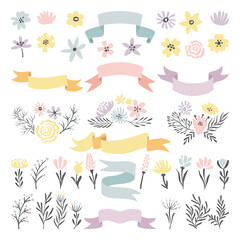 Wall Mural - floral vector decorative elements. flowers, ribbons and plants for wedding invitation design