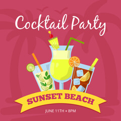 Poster - party background illustration with different cocktails set. vector poster