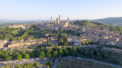 Sticker - Beautiful sunset aerial view of San Gimignano, small medieval town of Tuscany - Italy