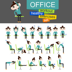  Pretty girl is doing exercises on the office chair.Woman in healthy poses set. Vector illustration.