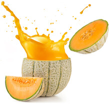 Orange Juice Splashing Out Of A Melon Isolated On White